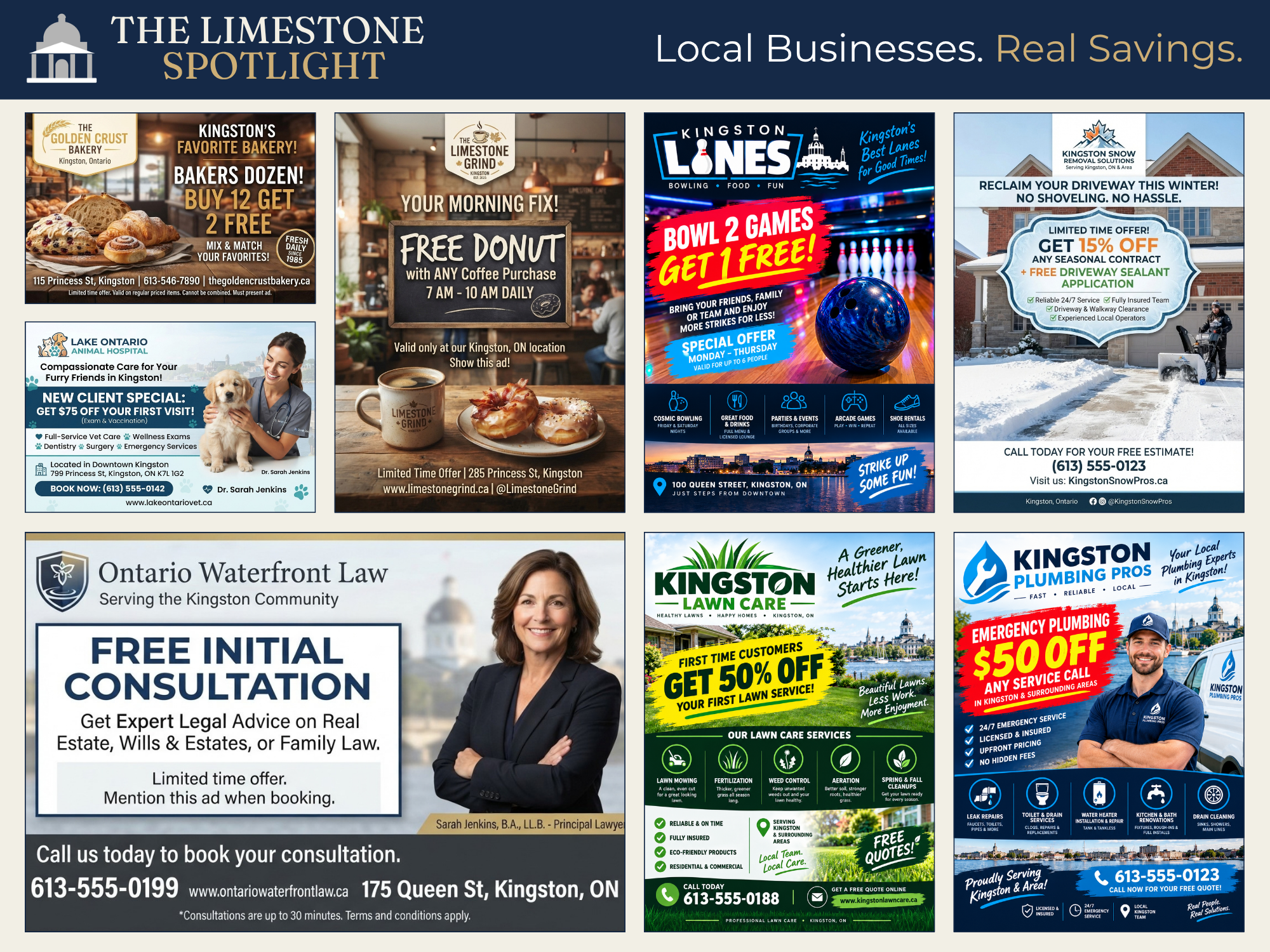 Sample Limestone Spotlight postcard with local business ads